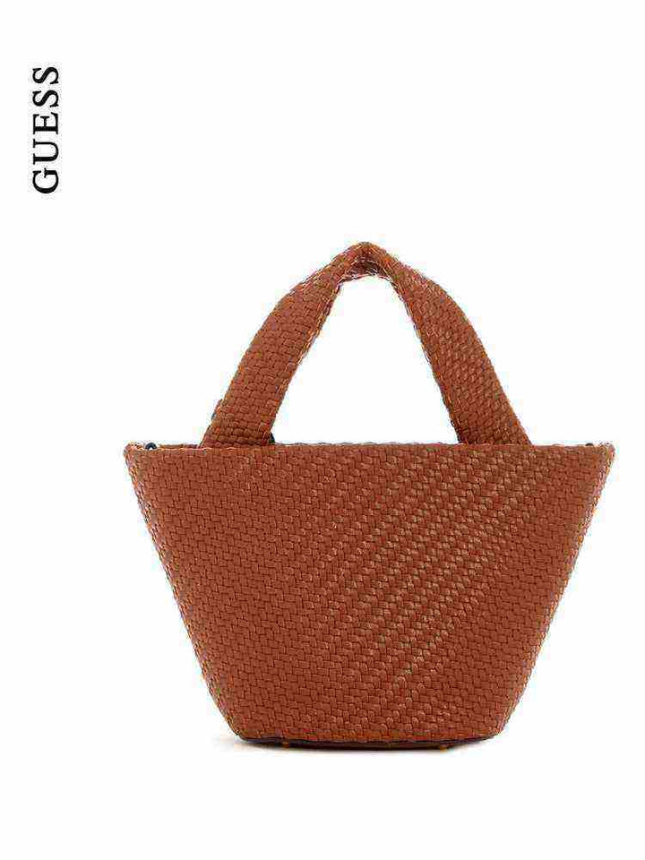 GUESS small woven synthetic leather handbag in classic brown with top handle and adjustable shoulder strap