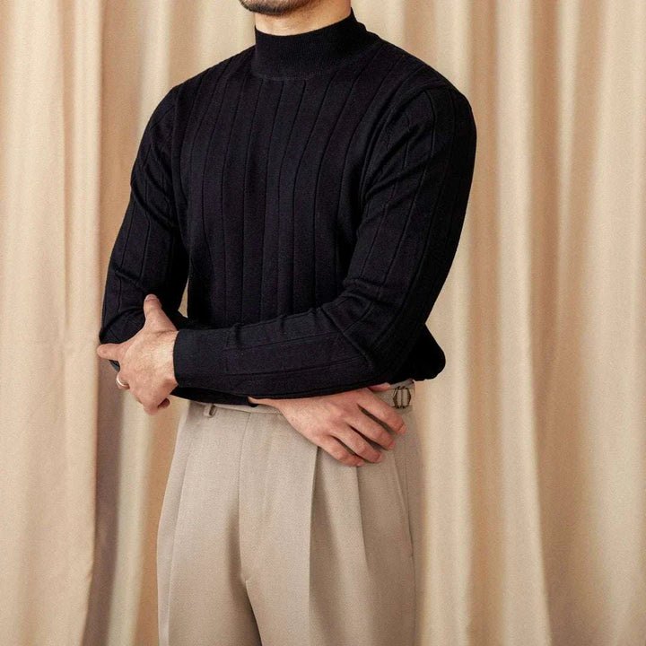 Mr. Lusan pullover slim wool black Italian semi-turtleneck sweater with vertical ribbing and elegant fit