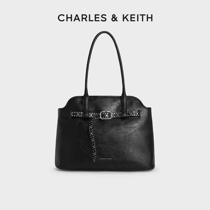 CHARLES&KEITH black large shoulder bag with waist belt and gold detailing in leather material
