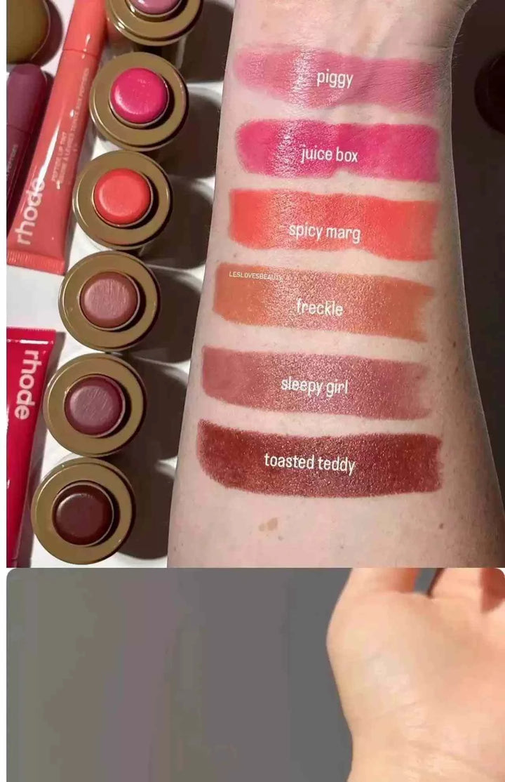 Rhode Pocket Blush Stick swatches showing six shades including Piggy, Juice Box, Spicy Marg, Freckle, Sleepy Girl, and Toasted Teddy on arm with blush sticks beside.