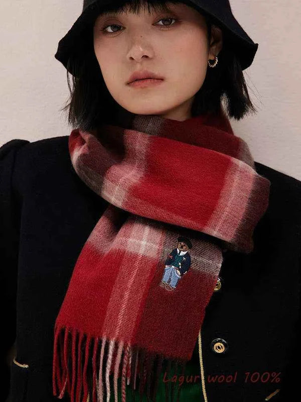 وشاح صوفي أحمر منقوش بنمط بريطاني قديم مع دب مطرز بتصميم سميك للشتاء للرجال والنساء من UK order bear