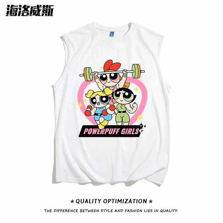 تيشيرت كت كرتوني Powerpuff Girls بأكمام قصيرة بتصميم رياضي مرح على اللون الأبيض
