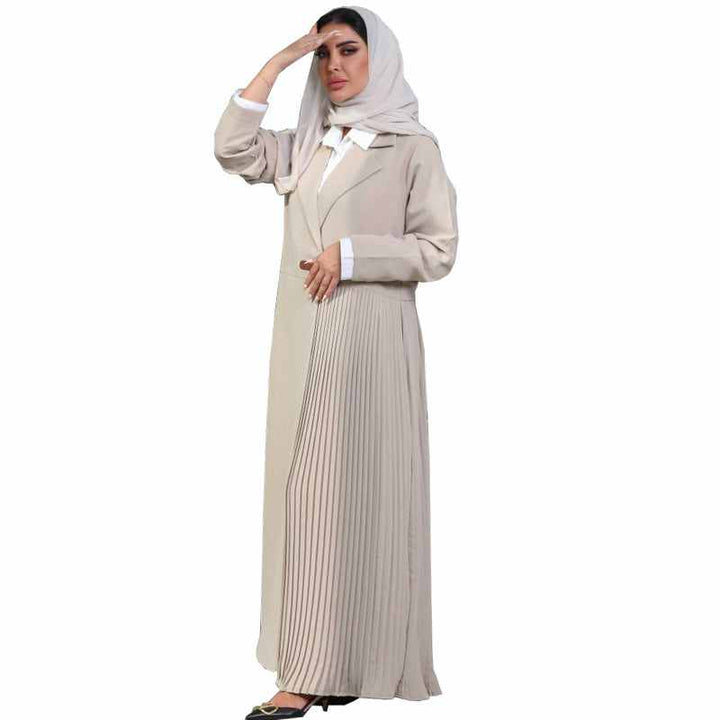 Elegant pleated luxury coat with side detailing, gold buckle belt, classic long design, suitable for modern and formal looks. Available in black and beige.