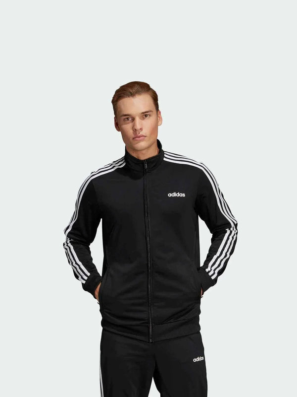 Adidas أديداس جاكيت كاجوال خريفي أسود بخطوط بيضاء تصميم رياضي مريح بسحاب كامل وجيوب جانبية