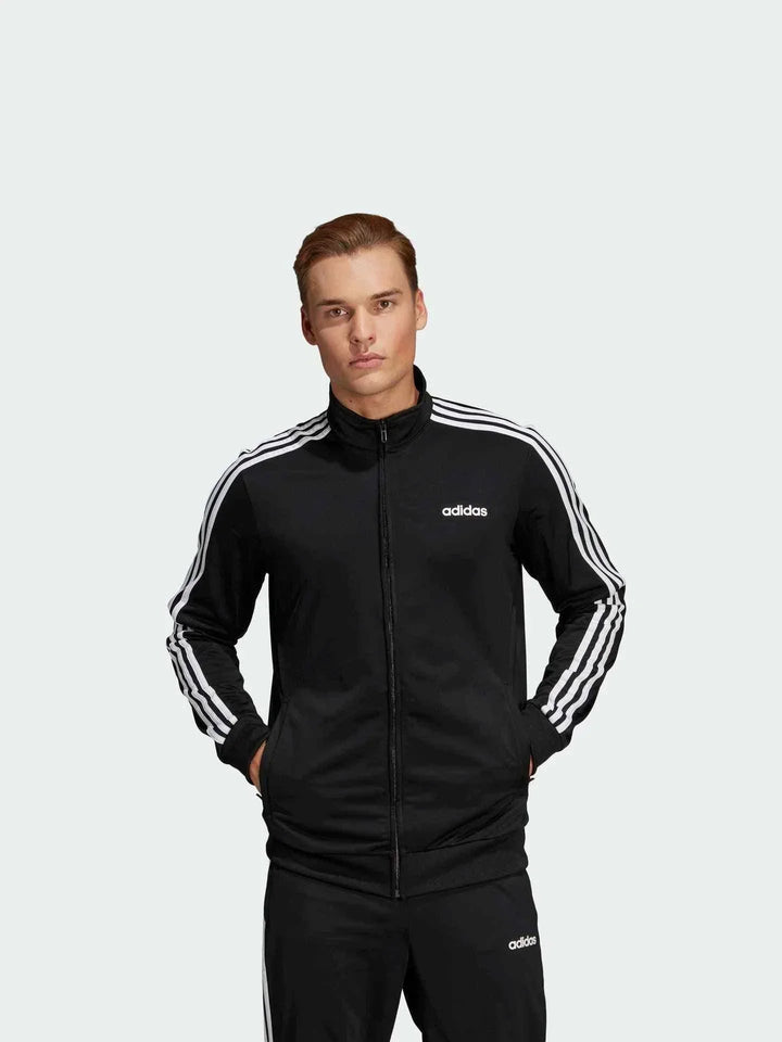 Adidas أديداس جاكيت كاجوال خريفي أسود بخطوط بيضاء تصميم رياضي مريح بسحاب كامل وجيوب جانبية