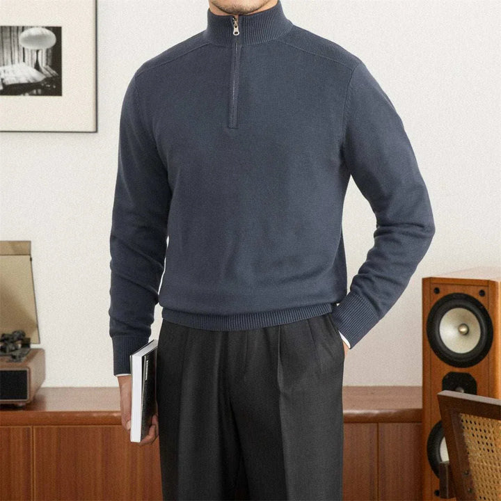 Mr. Lusan Italian slim stand collar sweater in navy blue with zip neckline and ribbed cuffs for a sleek fitted look