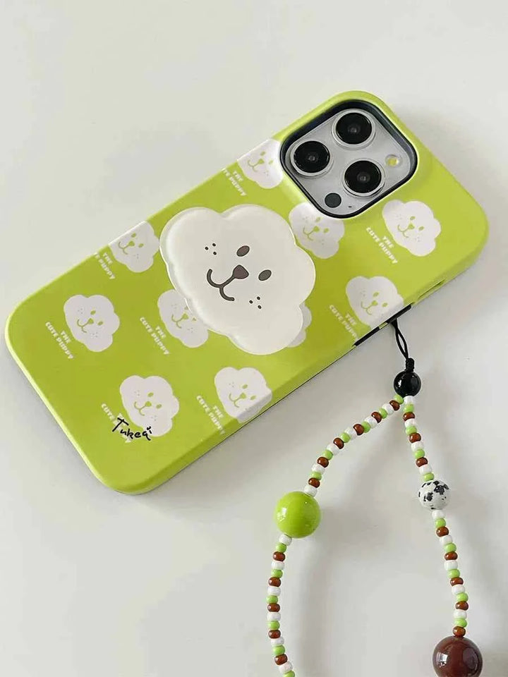 سلسلة هاتف محمول أصلية من خرز يدوي بتصميم أرنب من كان سيفن مع غطاء هاتف أخضر برسومات وجه أرنب مبتسم
