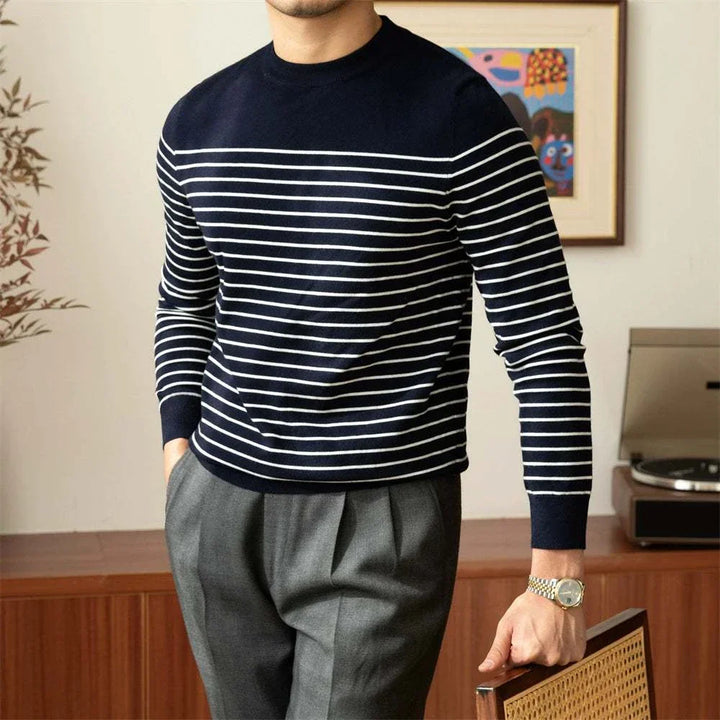 Mr. Lusan sea soul wool sweater navy blue with white horizontal stripes and round neckline