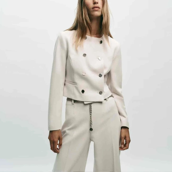 women's European and American style cream double-breasted jacket with chain belt trousers autumn 2025 fashion
