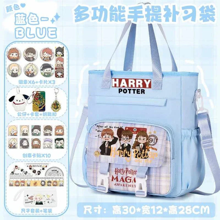 Blue Harry Potter themed school backpack with cartoon characters, multiple pockets, and free set of 27 themed accessories including pins, stickers, and stationery.