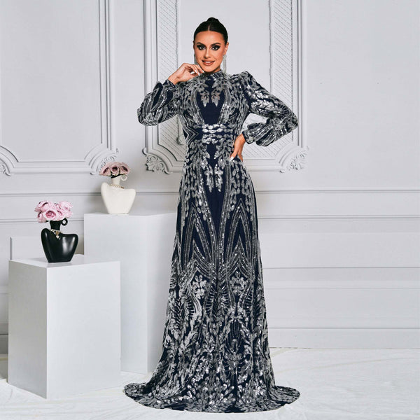 Royal sequined evening dress with puffed sleeves and elegant embroidery on dark fabric.