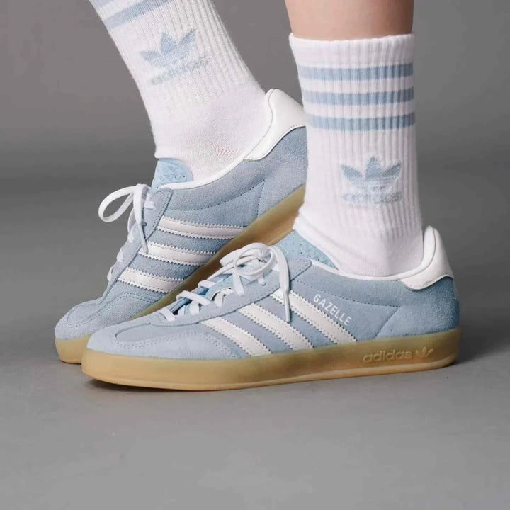 Adidas GAZELLE INDOOR T-Toe classic blue suede indoor sneakers with white stripes and gum sole