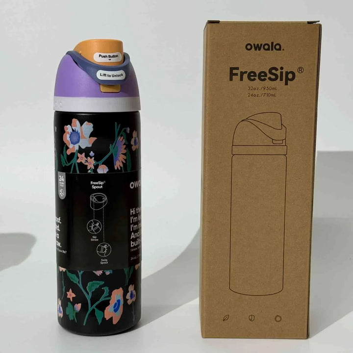 Owala Thermos Cup featuring FreeSip dual drinking spout, leak-proof stainless steel bottle with floral design and protective safety lid next to its cardboard packaging.