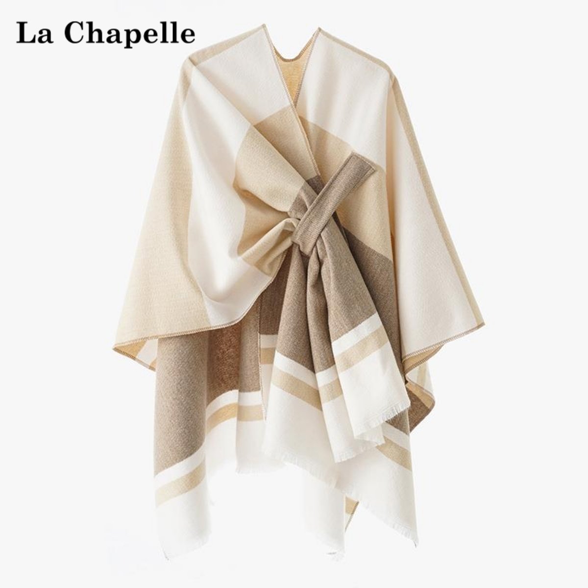شال نسائي شتوي La Chapelle بكتل لونية بيج وكريمي وعقدة أمامية، منظر أمامي
