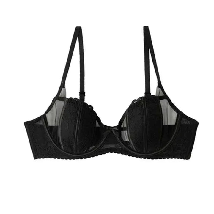 Black SKIMS Kardashian Gathering women's lingerie lace bra with adjustable straps and mesh side wings for natural lift and ventilation.