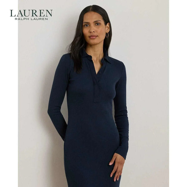 فستان لورين نسائي كحلي بتصميم نحيف بأكمام طويلة وياقة بأزرار جزئية يناسب العمل والمناسبات اليومية