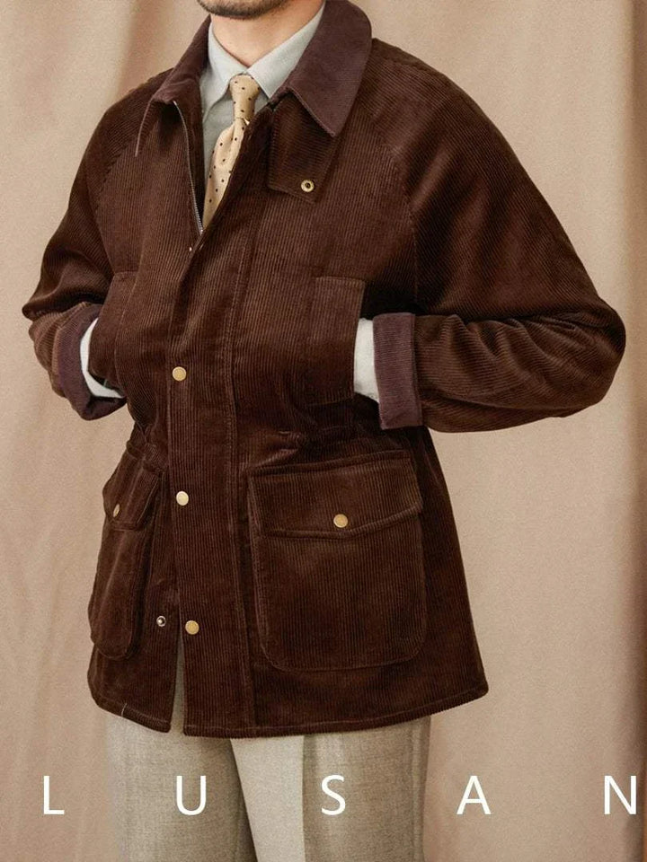 Mr. Lusan Italian gentleman pure cotton brown corduroy jacket with copper buttons and practical pockets