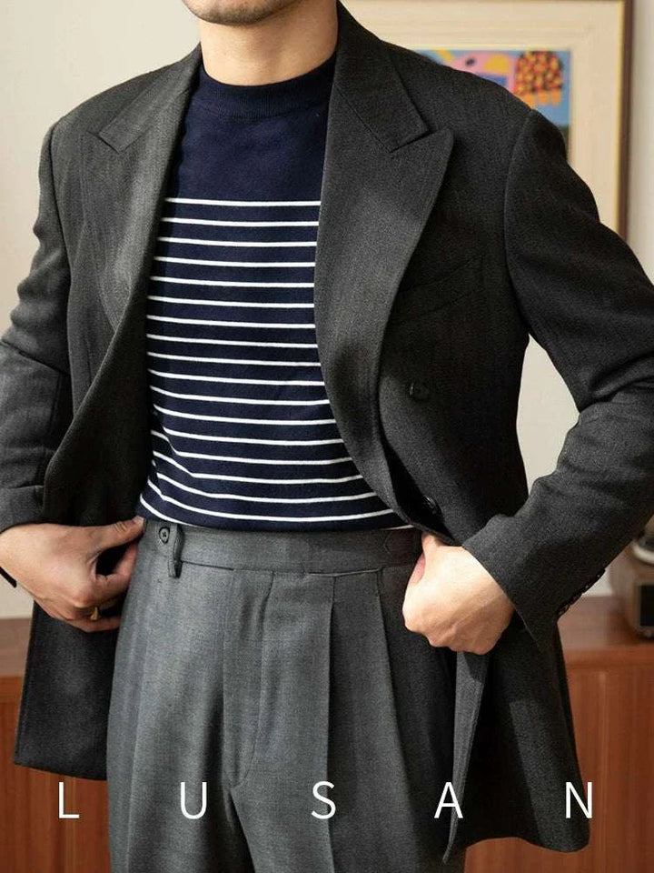 Mr. Lusan sea soul wool sweater navy blue with white horizontal stripes under black blazer