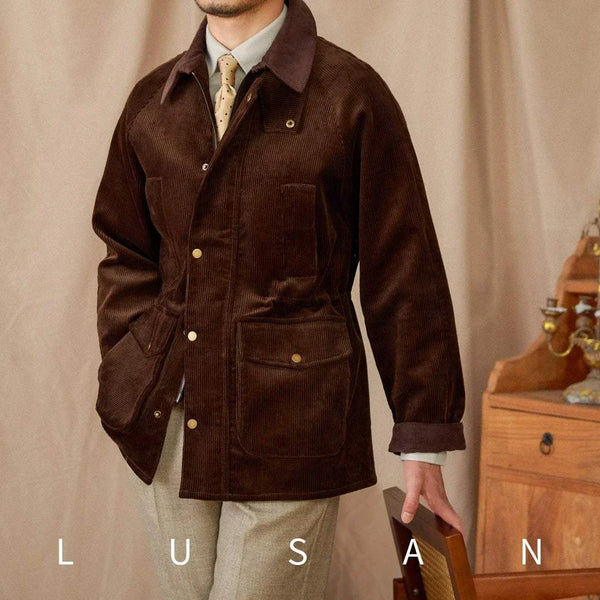 Mr. Lusan جاكيت jacket British بني غامق بتصميم مخملي مع ياقة وكفوف ترابية و جيوب بزر ذهبي للرجل