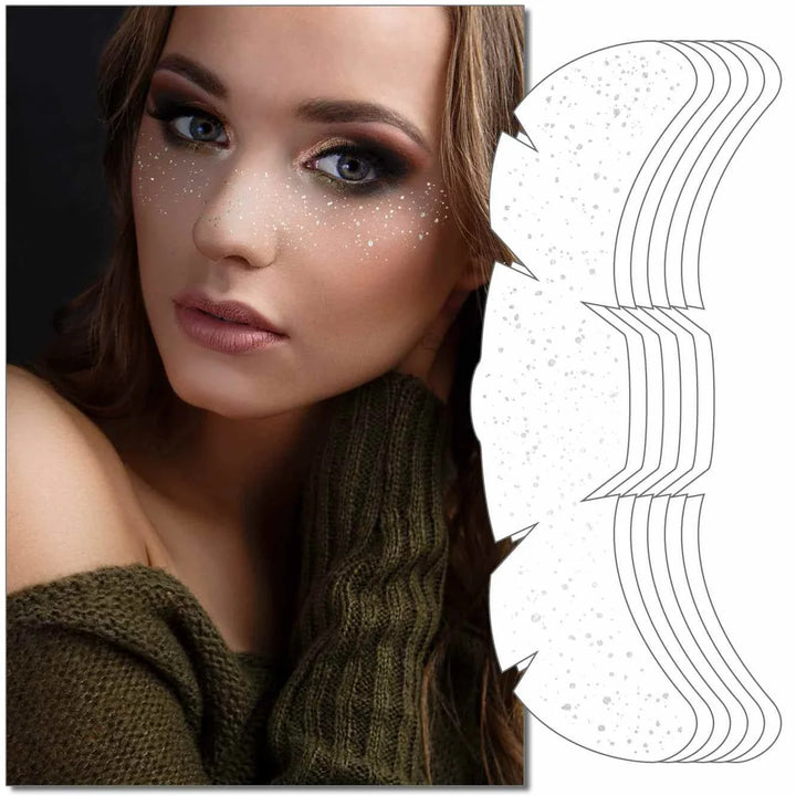 Woman wearing Taylor Swift Freckle Makeup Patches with natural-looking freckles and soft makeup, alongside patch sheets.