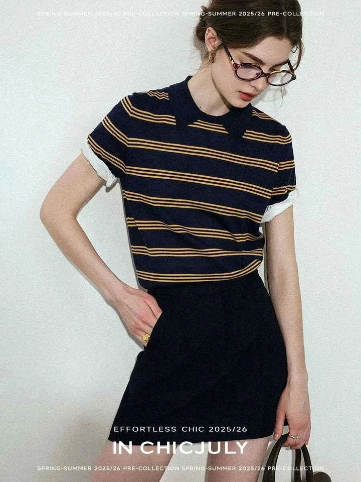 Women wearing navy blue and yellow striped CHICJULY casual chic outfit with short skirt for spring summer 2025/26