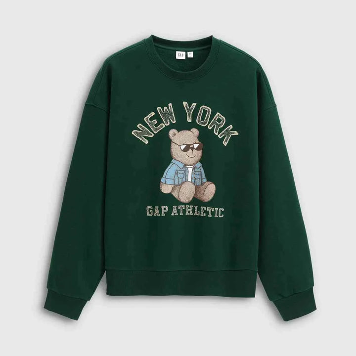 Gap sweatshirt dark green casual unisex with New York bear print and cotton blend material