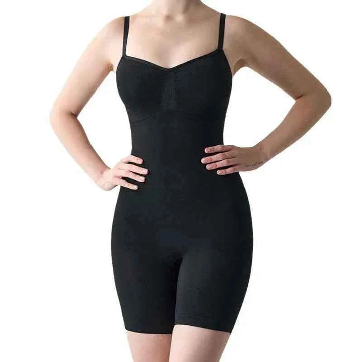 Black SKIMS Kardashian smooth short-cut body shaper with adjustable straps and seamless design for a natural silhouette