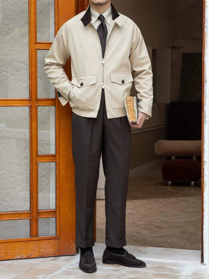 Mr. Lusan Men's Winter Jacket beige waterproof with dark collar and front pockets worn with formal trousers