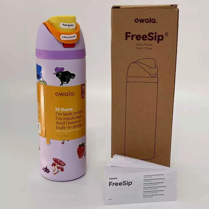 Owala Thermos CupKitty Limited Edition stainless steel insulated water bottle with leak-proof lid and built-in straw next to packaging box and instructions.
