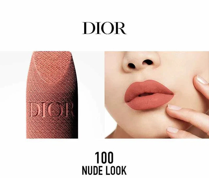 Rouge Dior classic lipstick shade 100 Nude Look with textured lipstick bullet and model wearing soft nude matte lip color