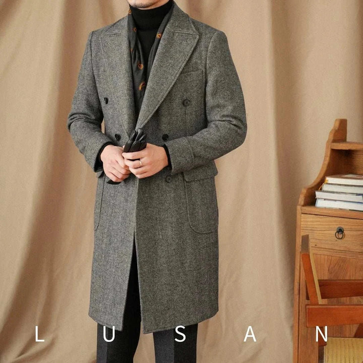 Mr. Lusan autumn كوت coat grey double-breasted herringbone wool blend warm stylish men's overcoat