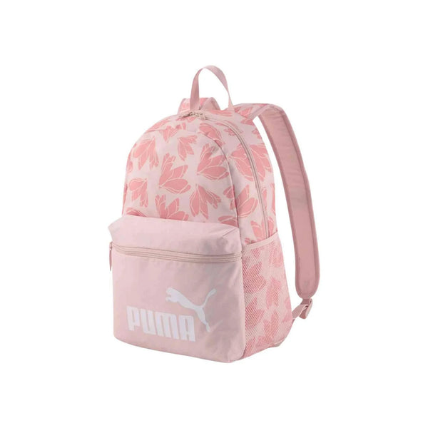 Pink PUMA backpack with floral print, front zip pocket, and padded adjustable straps for school and daily use.