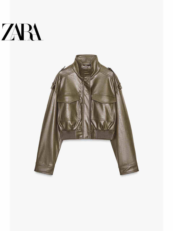 جاكيت قصير نسائي خريفي لامع من الجلد الصناعي بياقة قائمة بأكمام طويلة من ZARA2025 new fall