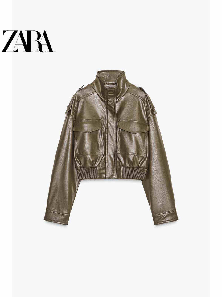 جاكيت قصير نسائي خريفي لامع من الجلد الصناعي بياقة قائمة بأكمام طويلة من ZARA2025 new fall