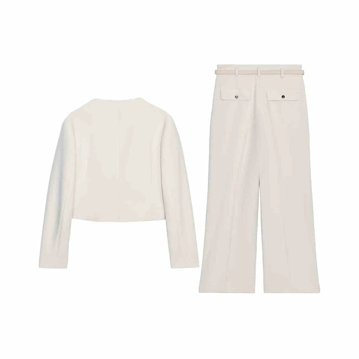 White women's European and American style jacket and chain belt trousers set for autumn 2025