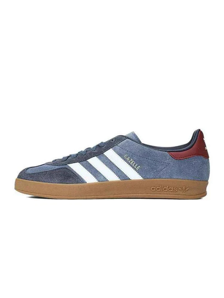 adidas أديداس سنيكرز جازيل إندور بشمواه أزرق ونعل مطاطي بني تصميم كلاسيكي مريح بخطوط ثلاثية بيضاء