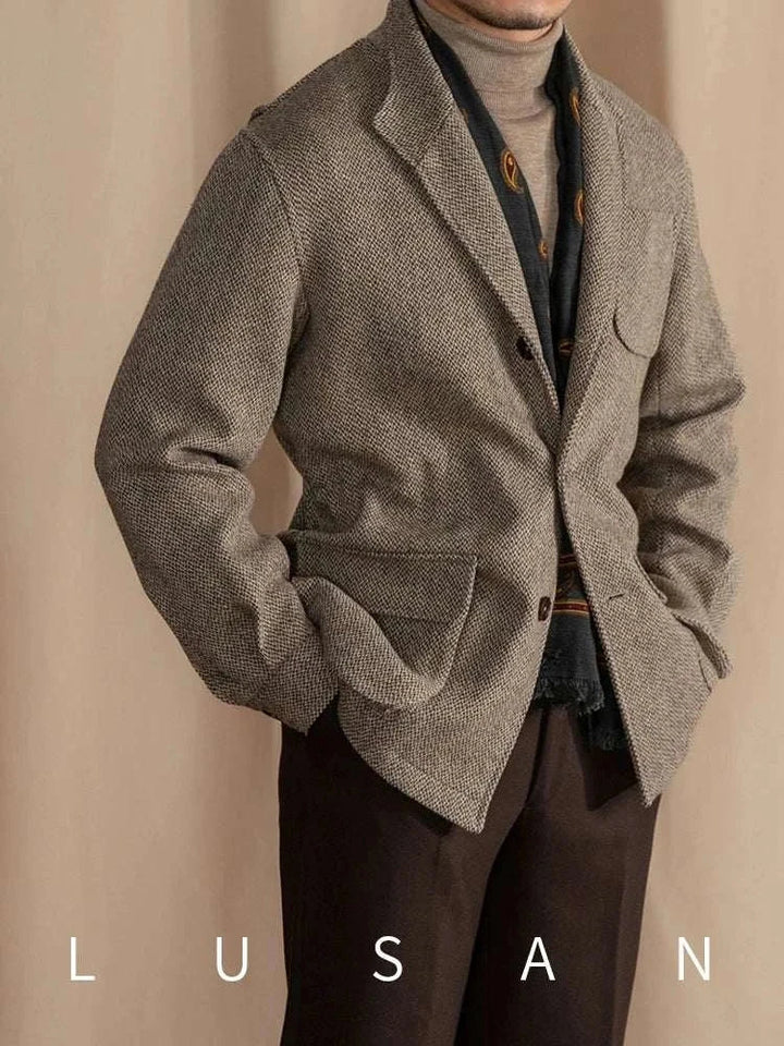 Mr. Lusan jacket vintage beige tweed warm classic men's blazer with pockets and buttons