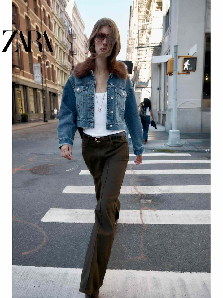ZARA short denim jacket with brown fur collar for women casual stylish look