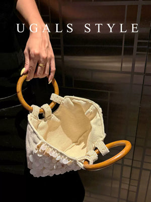 UGALS French vintage handwoven beaded sequined shell cabbage basket ring bucket clutch crossbody bag