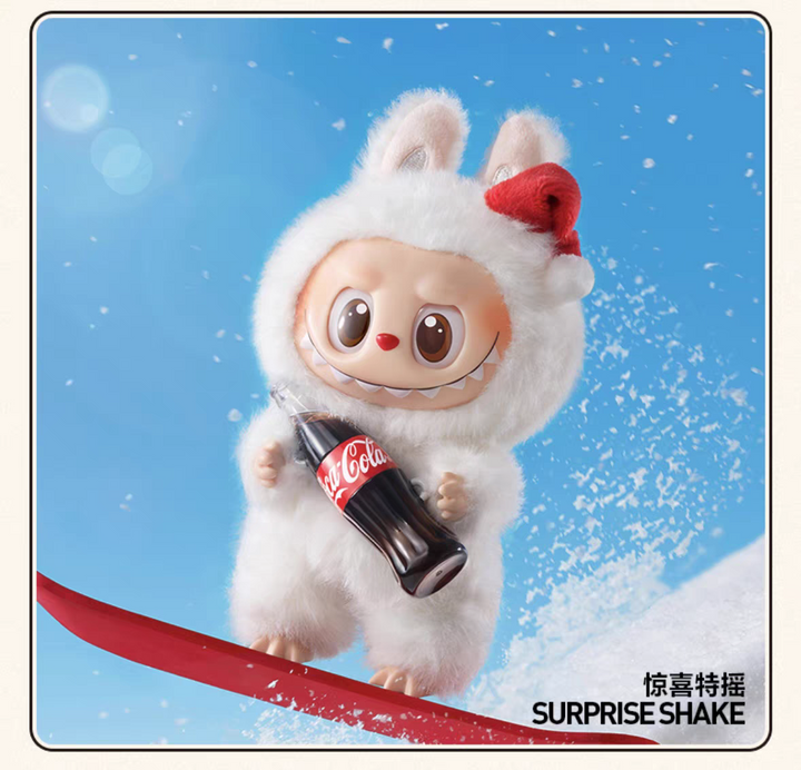 The Monsters - Coca-Cola Series "Surprise Shake" figurine in white furry outfit holding Coca-Cola bottle.