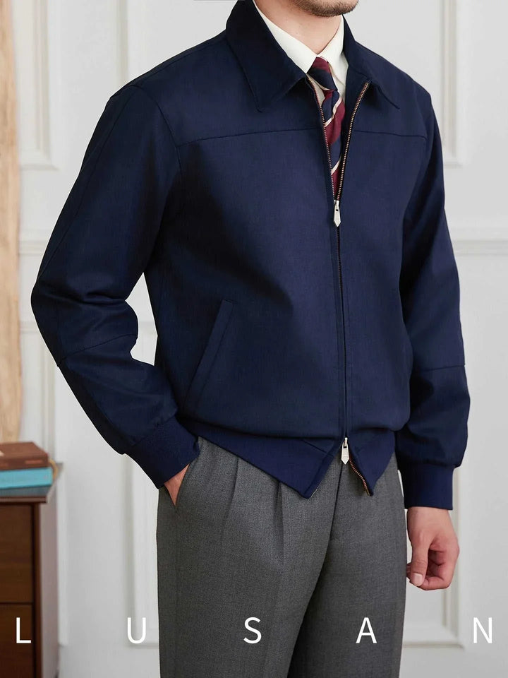 Mr. Lu San's men's casual جاكيت كحلي بأكمام طويلة مع ياقة كلاسيكية وزر سحاب مزدوج للرجال