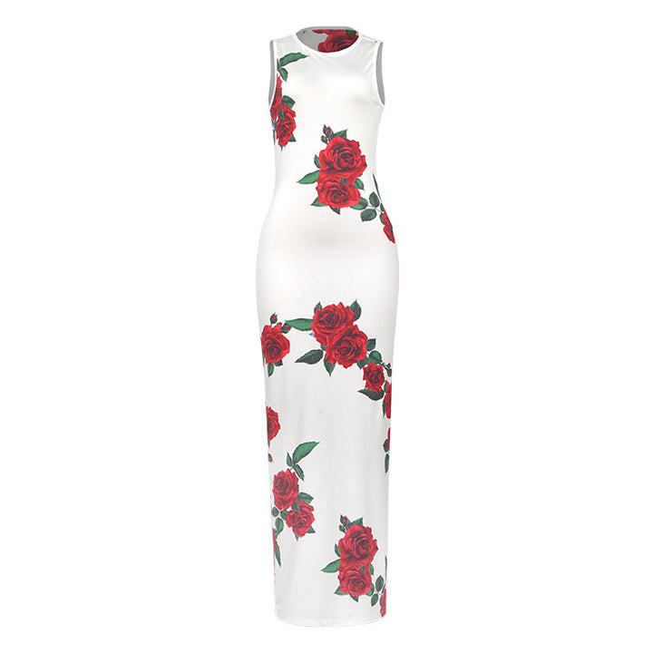 Sleeveless long slim dress with elegant red rose print design.