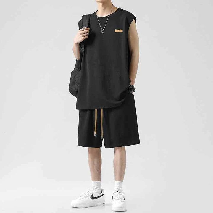Men's Ice Silk loose fit T-shirt and practical shorts set in black with adjustable waist drawstring and wrinkle-resistant fabric