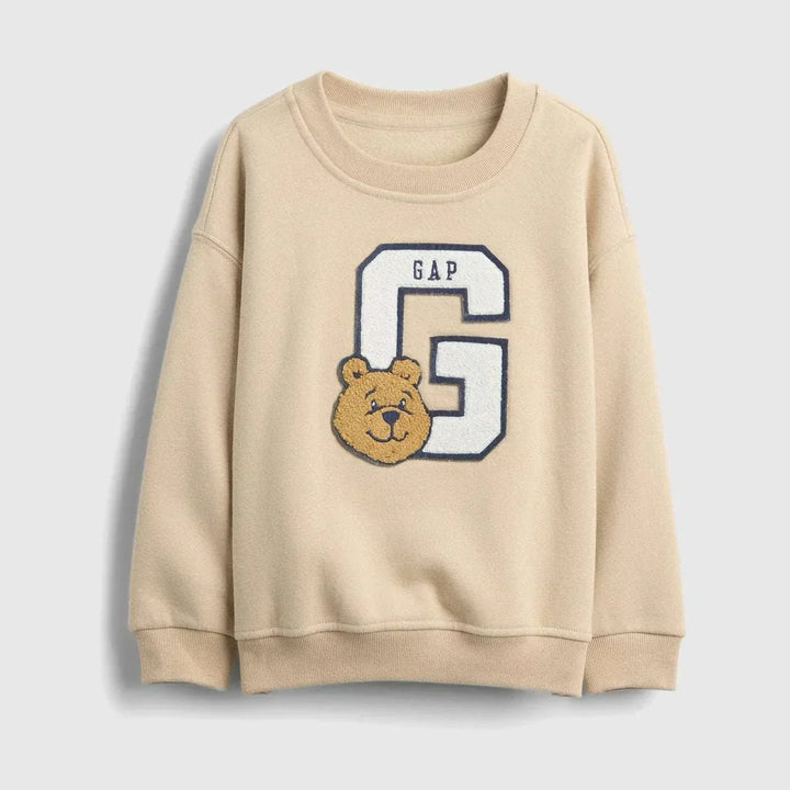 سويت شيرت أطفال Gap bear بألوان محايدة وتصميم دب مطرز وأكمام مضلعة ناعمة ومريحة