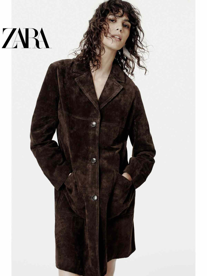 جاكيت معطف جلد سويدي نسائي خريف ZARA2025 بنمط أنيق باللون البني الداكن