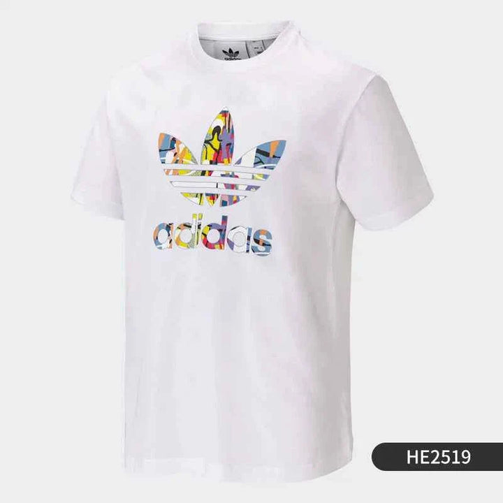 Adidas pink modern t-shirt with colorful Trefoil logo and blue accents, lightweight and comfortable fabric.