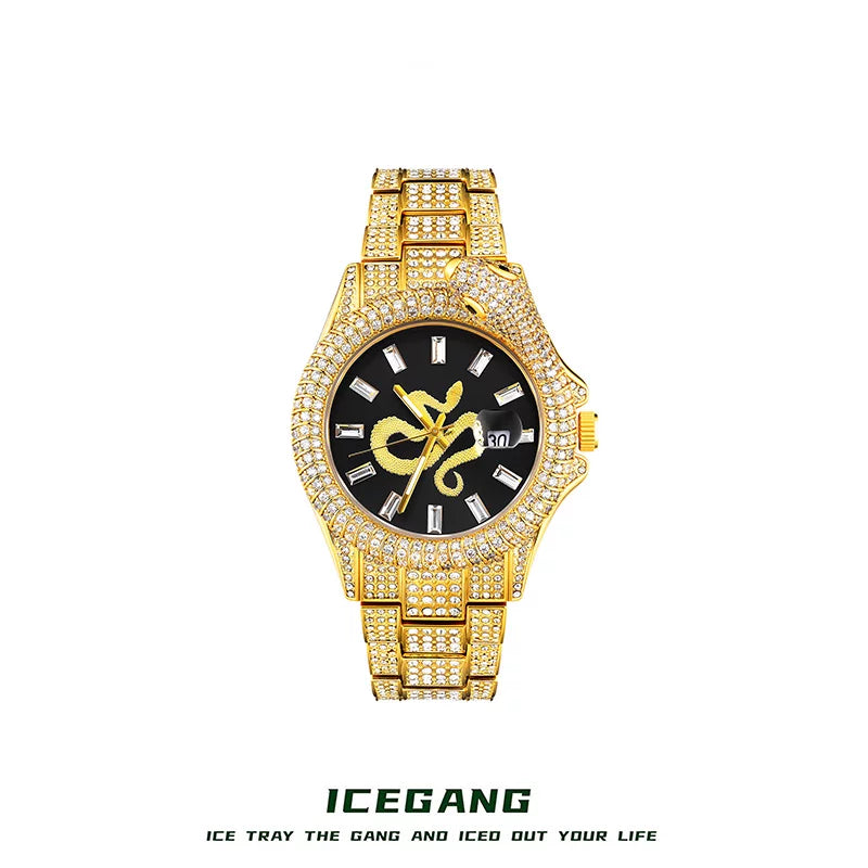 ساعة ICEGANG بميناء أسود وإطار ذهبي من الأمام