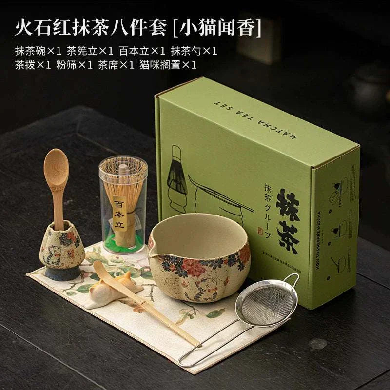 طقم تحضير Matcha سيراميك ياباني 8 قطع بتصميم القطط الفاخر.