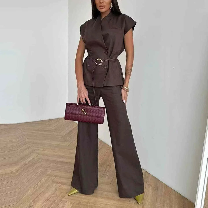 European American style women's summer outfit with gold buckle top and solid casual trousers