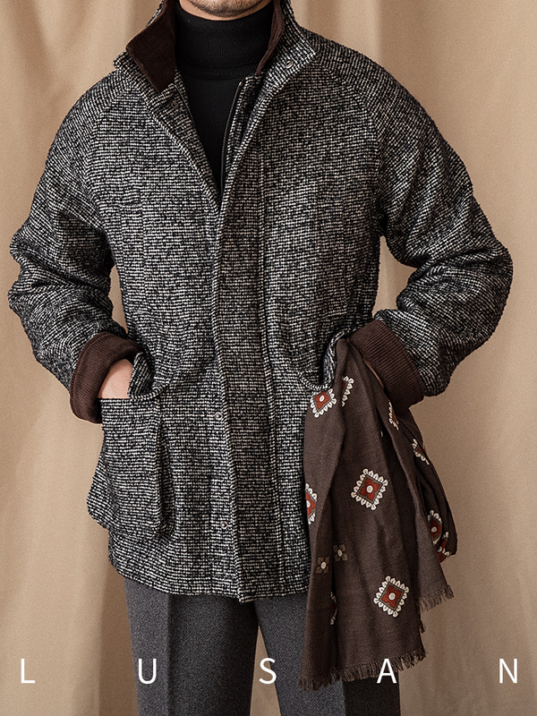 Mr. Lusan 92% wool heavy jacket with black and white tweed fabric and brown corduroy collar